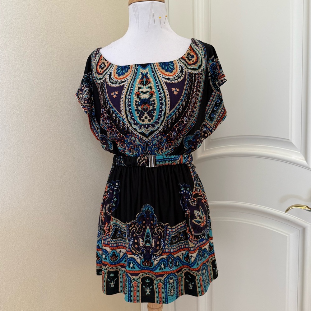 Vintage Bohemian Black and Blue jersey knit Tunic